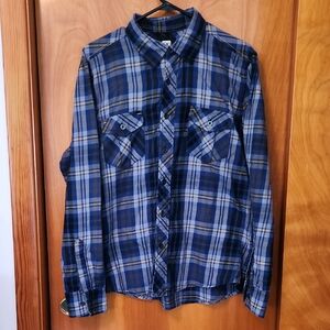 OP (Ocean Pacific) Men's Medium Blue and Yellow Plaid Long Sleeve Button Down